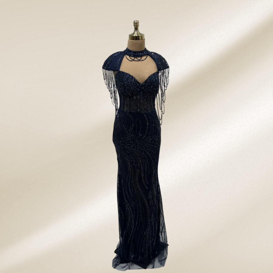 Esin Butik Gece Mavisi Işıltılı Saçaklı Balık Abiye