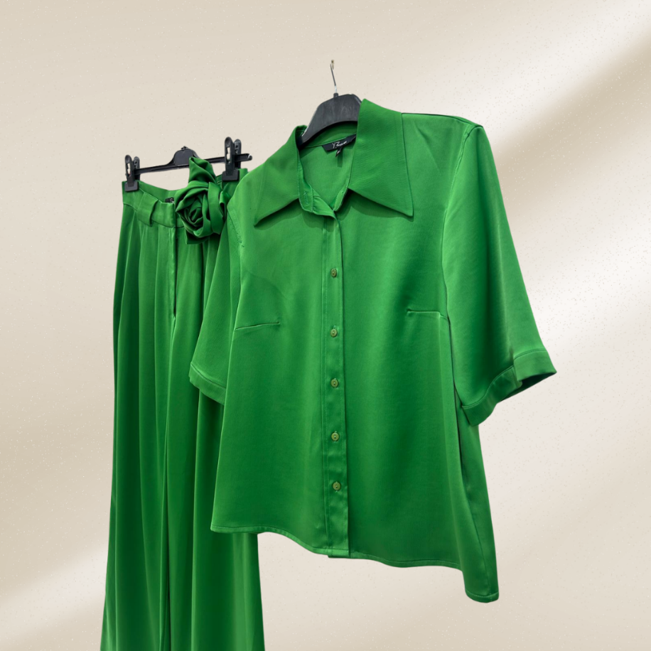 Esin Butik Çimen Yeşili Saten Gül Detaylı İkili Abiye Takım