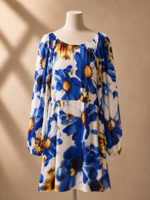 Esinbutik Mavi Floral Desenli Yaka Büzgülü Uzun Kollu Mini Elbise